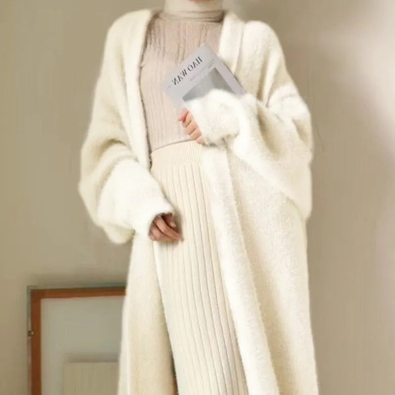 CozyKnits Women's Cashmere Blend White Long Cardigan Sweater Coat 1