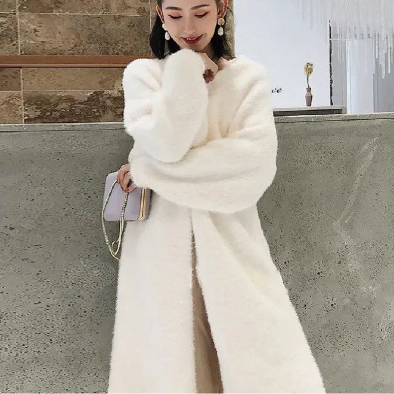CozyKnits Women's Cashmere Blend White Long Cardigan Sweater Coat 3