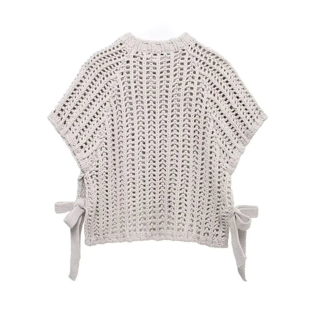 Elegant Women's Sweater - Hollow Out Knit Pullover with Lace-Up Bow 2
