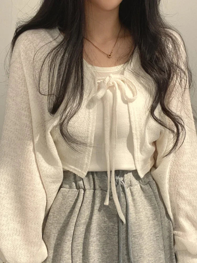 Variant image for Elegant Women's Cardigan - Lightweight Lace-Up Knitwear with Lantern Sleeves-1
