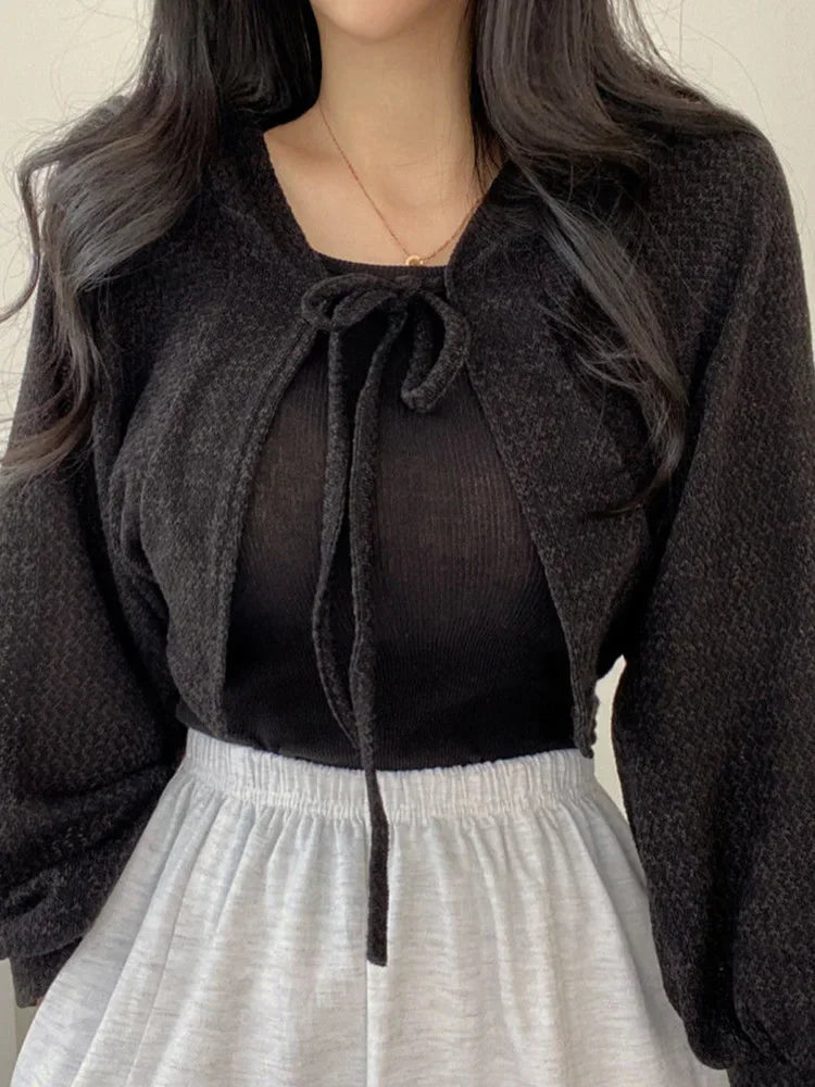 Variant image for Elegant Women's Cardigan - Lightweight Lace-Up Knitwear with Lantern Sleeves-3