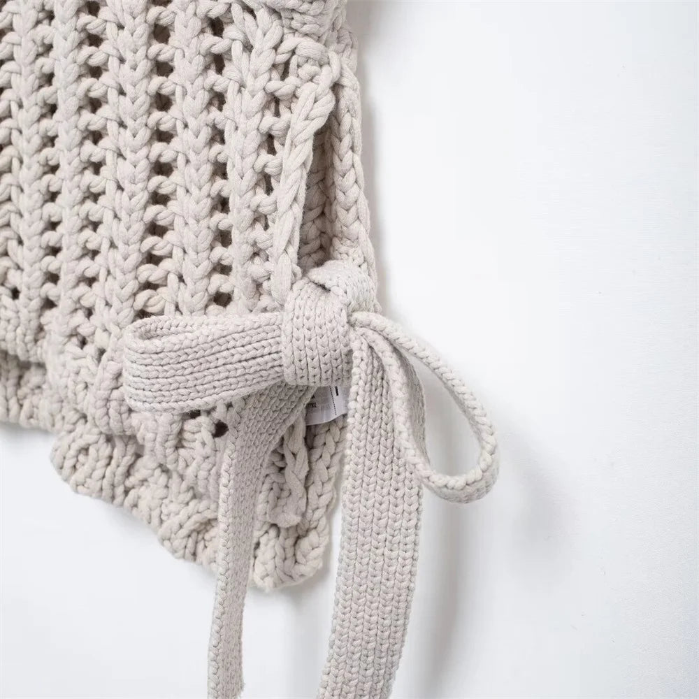 Elegant Women's Sweater - Hollow Out Knit Pullover with Lace-Up Bow 4