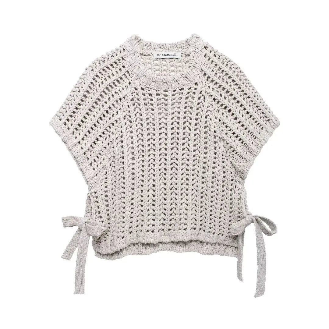 Elegant Women's Sweater - Hollow Out Knit Pullover with Lace-Up Bow 1