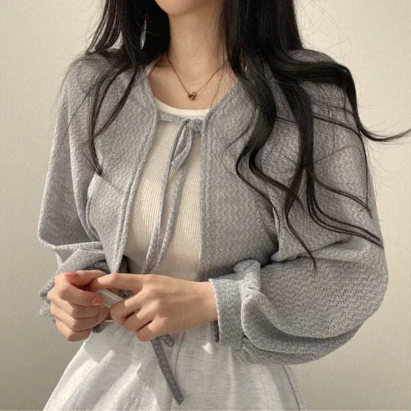 Variant image for Elegant Women's Cardigan - Lightweight Lace-Up Knitwear with Lantern Sleeves-2